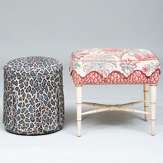 Painted Faux Bamboo Stool and an Upholstered Stool