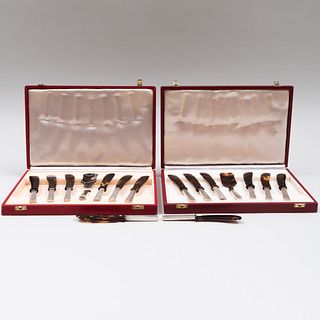 Two Sets of German Silver-Mounted Faux Tortoiseshell Caviar Spreaders and Spoon