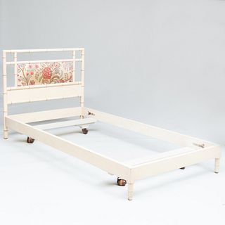 Pair of Painted Faux Bamboo and Upholstered Twin Beds with Fabric Accesories