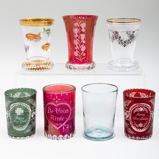 Group of Seven Engraved or Painted Spa Glass Style Beakers