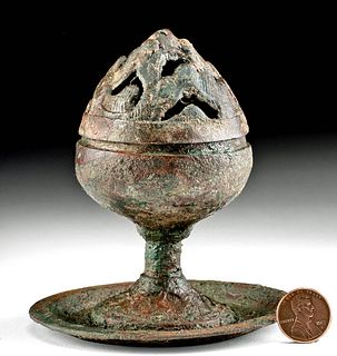 Chinese Han Dynasty Leaded Bronze Stemmed Censer w/ Lid