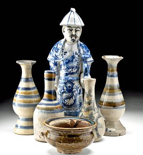 Lot of 6 Chinese Qing Polychrome Vessels & Figure