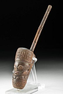 Late 19th C. Cameroonian Bali Wood & Brass Figural Pipe