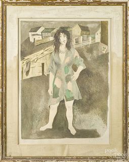 Raphael Soyer (American 1899-1987), lithograph of a woman in a patchwork coat, #97/150, signed