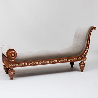 Italian Neoclassical Bone Inlaid Mahogany Chaise Lounge
