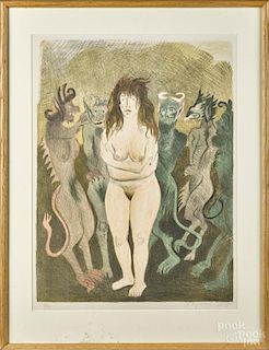 Raphael Soyer (American 1899-1987), lithograph of a nude standing with devil figures, #97/150