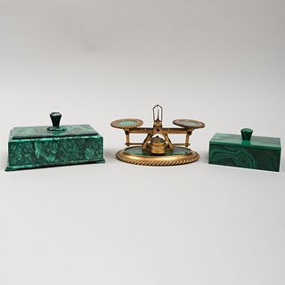 Toulmin & Gale Brass and Malachite Scale and Two Continental Malachite Boxes with Knob Handles