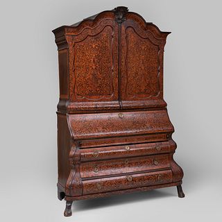 Dutch Rococo Mahogany and Fruitwood 'Seaweed' Marquetry Slant-Front Bookcase