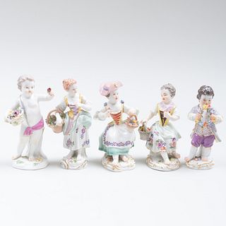 Group of Five Meissen Figures with Baskets and Flowers