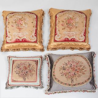 Four Floral Needlework Pillows with Tassels