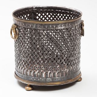 French Steel and Brass Woven Cylindrical Basket
