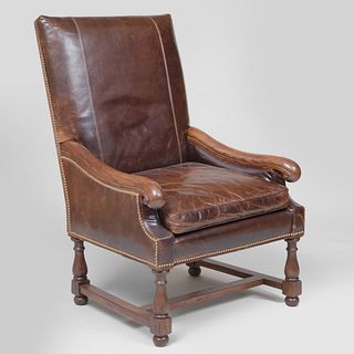 Large Baroque Style Oak and Leather Tall Back Armchair, of Recent Manufacture