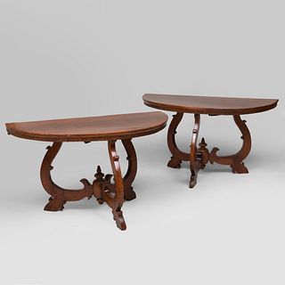 Pair of Italian Baroque Style Walnut D-Shaped Consoles