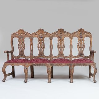 Spanish Colonial Polychrome Painted and Parcel-Gilt Settee, Possibly Portuguese