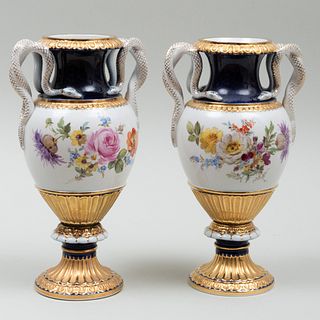 Pair of Meissen Cobalt Ground Double Snake Handle Vases
