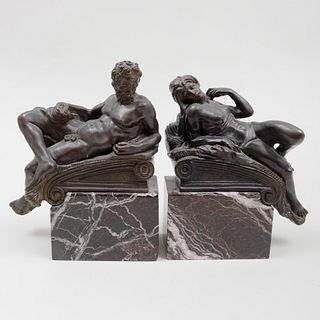 Pair of Bronze and Marble Figural Bookends, After Michelangelo