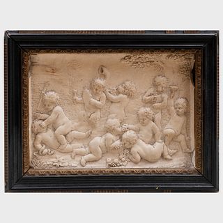 French Terracotta Relief Panel of a Putti Bacchanal