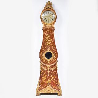 Unusual Swedish Rococo Scarlet Lacquer and Parcel-Gilt Tall Case Clock, Dial Signed Nils Berg, Stockholm 