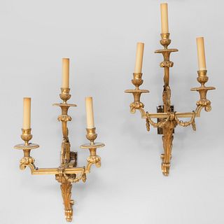Set of Four Louis XVI Style Gilt-Bronze Three-Light Sconces