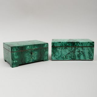 Two Continental Malachite Jewelry Boxes with Hinged Covers