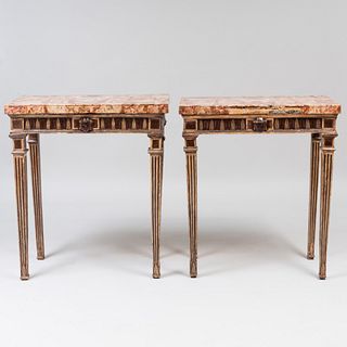 Near Pair of Italian Faux Porphyry and Cream Painted Console Tables