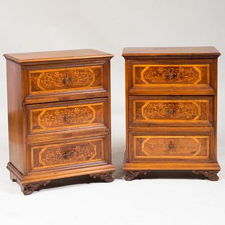 Pair of Small Italian Walnut and Fruitwood Marquetry Chest of Drawers