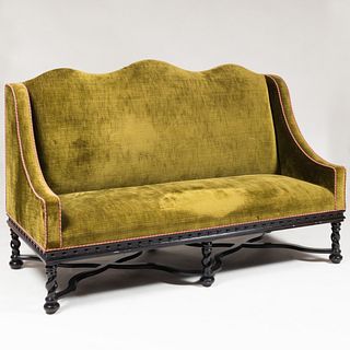 Pair of Baroque Style Ebonized and Olive Green Velvet Upholstered Sofas