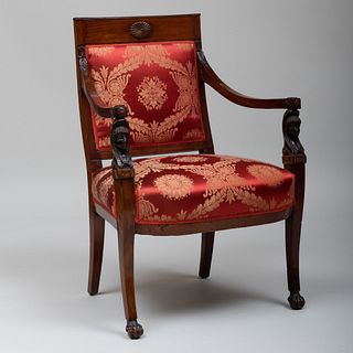 Russian Neoclassical Carved Mahogany, Ebonized and Parcel-Gilt Armchair, Possibly German