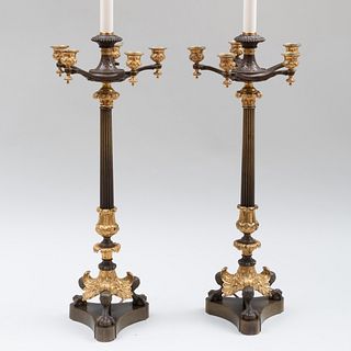 Pair of Empire Style Gilt-and Patinated-Bronze Candelabra Mounted as Lamps