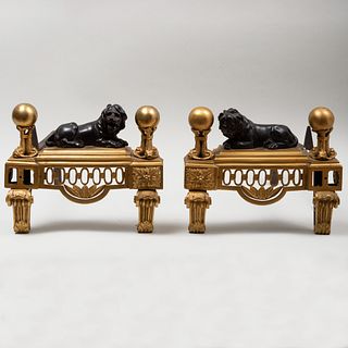 Pair of Regency Empire Bronze and Parcel-Gilt Andirons with Lions