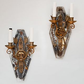 Pair of Empire Style Ormolu-Mounted Etched Glass Two-Light Sconces