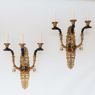 Pair of Empire Style Ormolu and Patinated-Bronze Three-Light Sconces