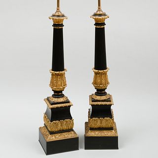 Pair of Charles X Style Ormolu and Patinated-Bronze Columnar Lamps