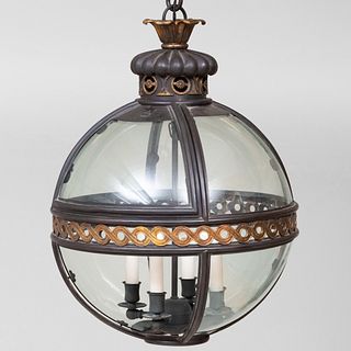 Metal and Gilt-Metal Orb-Formed Four-Light Lantern by Jamb