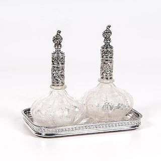 Schleissner & Söhne Cordial Bottles with English Plated Tray 