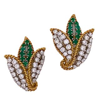 Diamond Emerald Leaf Motif Vintage Ear Clip Earrin