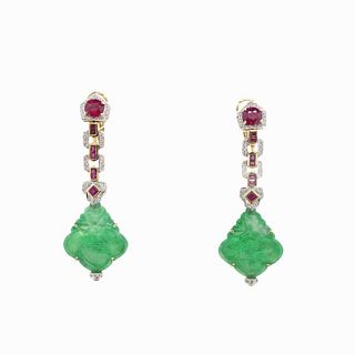 Jade, Ruby And Diamond Earrings Set In 18K
