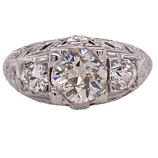 Art Deco Three Diamond Engagement Ring 18 Karat Wh