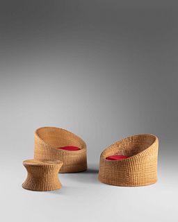 Eero Aarnio
(Finnish, b. 1932)
Pair of Lounge Chairs and Ottoman, Asko, Finland