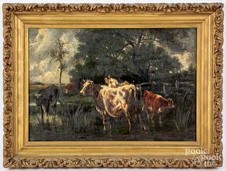 Oil on canvas landscape with cows
