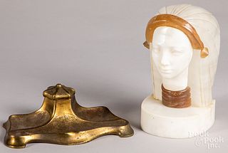 Art Deco marble bust, together with an inkwell
