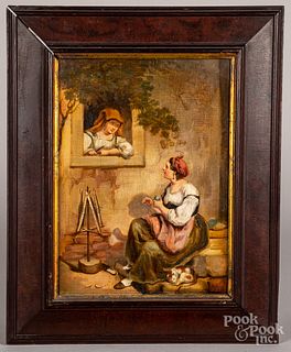 Pair of oil on panel scenes of two peasant women