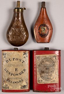 Two Dupont powder tins and powder flask & two other flasks