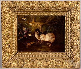 Oil on canvas of two chicks and a frog