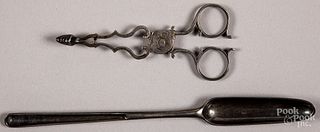 Georgian silver scissor tongs and marrow scoop