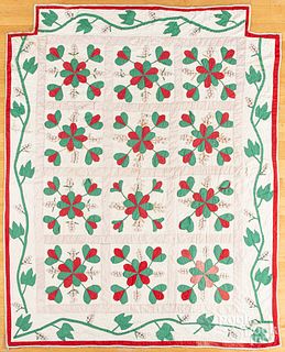 Red and green stuffed berry bedcover, 19th c.