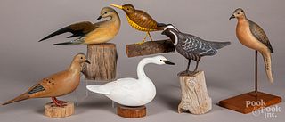 Six carved and painted birds