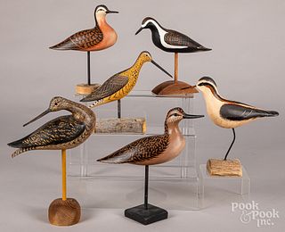 Six carved and painted shorebird decoys