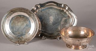 Two sterling silver trays and a bowl