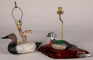 Two carved and painted duck decoy lamps.
